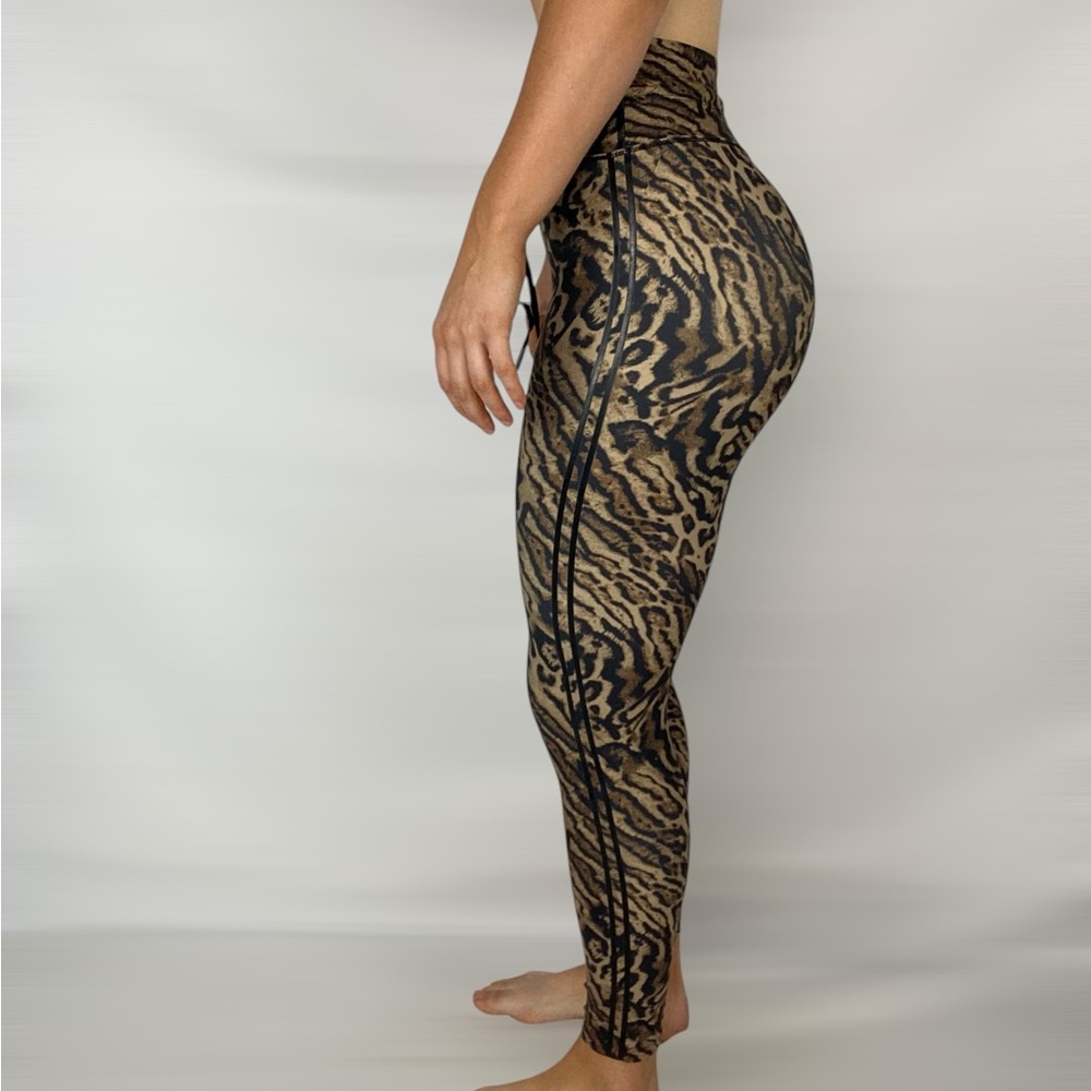 GOOD AMERICAN High Rise Stripe Drawstring Cheetah Workout Leggings Gym Yoga Sz 1 - Picture 5 of 6